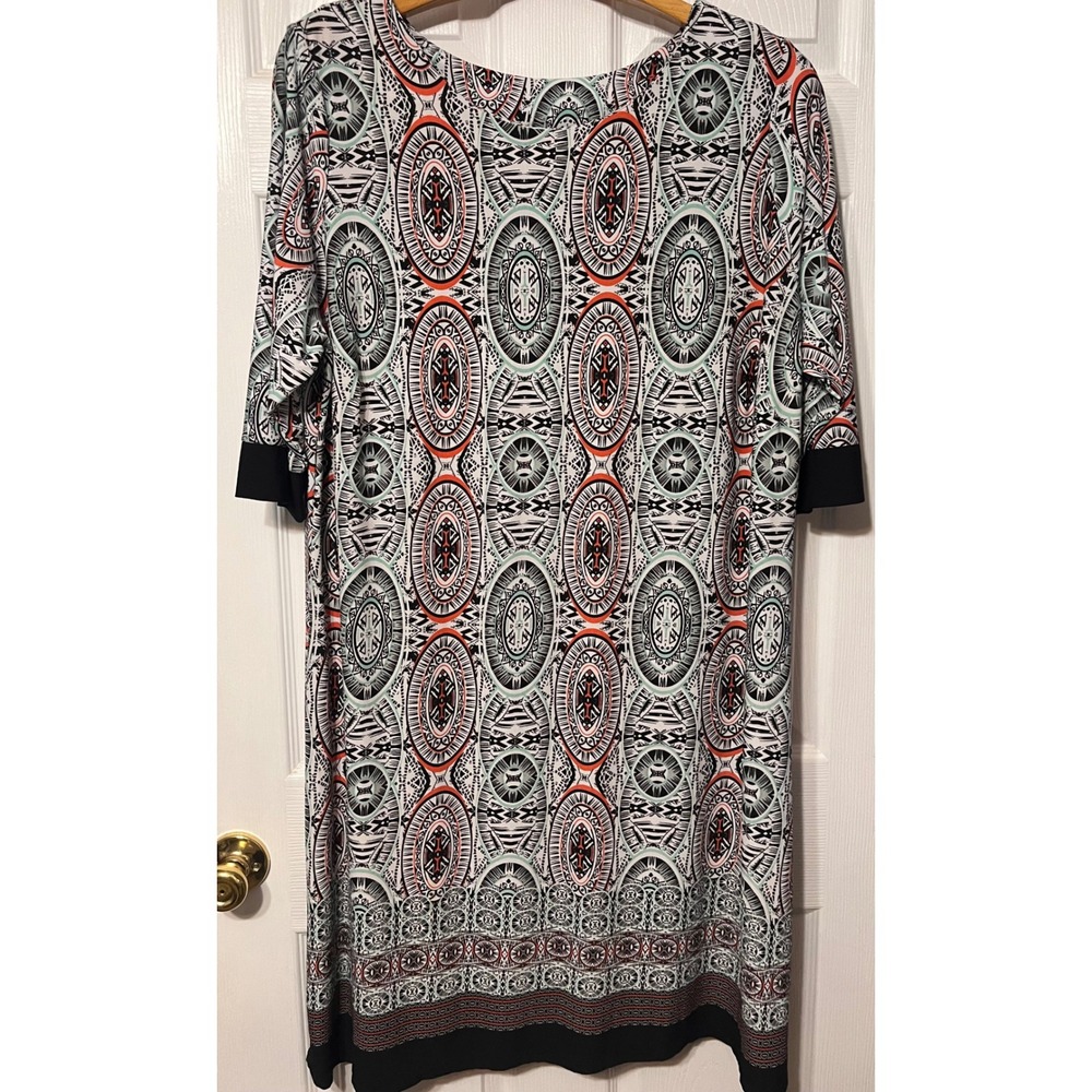 Jaquline Design Studio Womens 2X Shift Dress Geometric Medallion 3/4 Sleeve‎